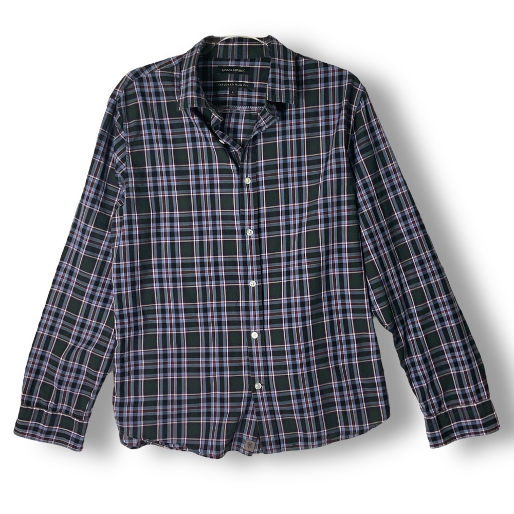 Banana Republic Mens Shirt Sz L Untucked Slim Fit Plaid Button Up Lightweight Co